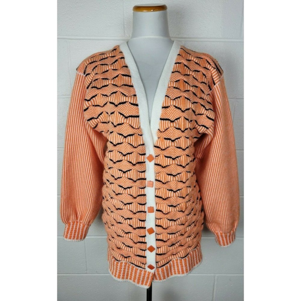 Vtg Womens Crazy Orange Wavy 3D Chunky Knit‎ Cardigan Sweater Birdseye Stripe L?